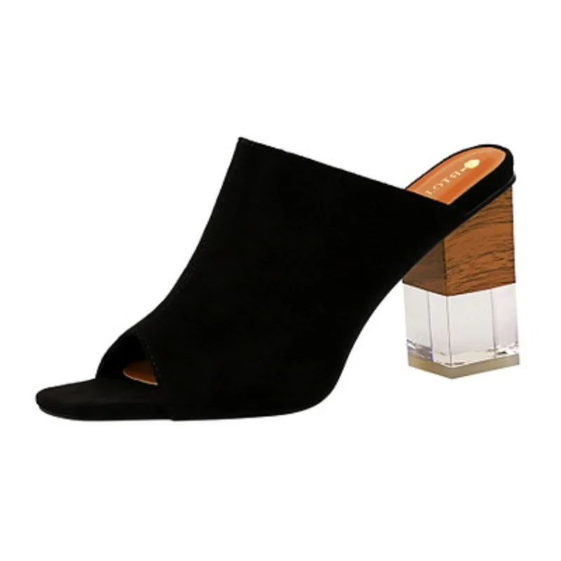 Тапочки женские прозрачные на толстом каблуке модные шлепанцы с кристаллами