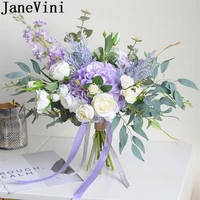 janevini purple flowers bridal silk flower bouquet artificial rose blue bride leaves brooch bouquet mariage wedding accessories