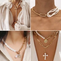fashion pearl portrait pendant necklace for women vintage gold metal twisted heavy lock chain necklace 2021 trend party jewelry