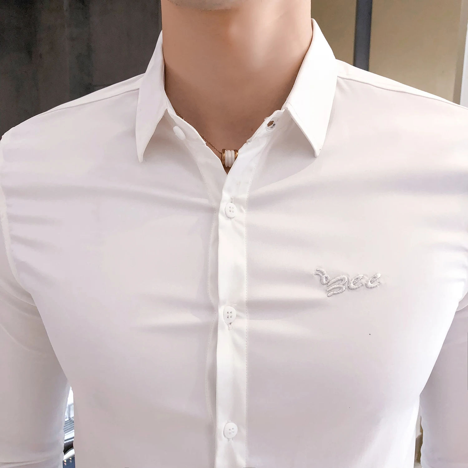 Мужская рубашка с длинным рукавом Kemeja Pria обтягивающая вышивкой в Корейском стиле