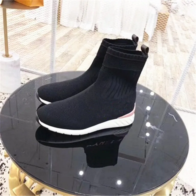 

Sports Knitted Women Boots Black Stretch Boots Running Comfortable Socks Boots Autumn Winter Women Fat Casual Mid-Tube Boots