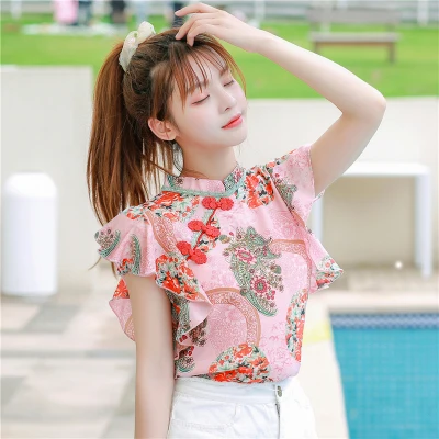 Chinese Cheongsam Style Women Floral Chiffon Shirt 2020 Summer Blouse Ruffles Short Sleeve Shirts Tops Blusas A3252 | Женская одежда