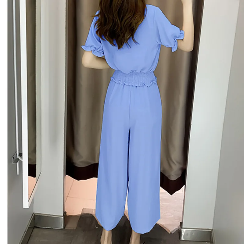 

2021 Summer New Foreign Style Fashion 2 Piece Sets Womens Outfits Short Sleeve Elegant Chiffontop+Loose Wide Leg Pants