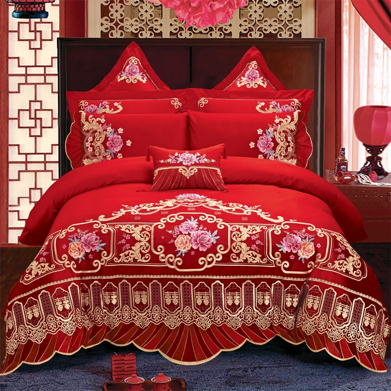 

Роскошный красный свадебный комплект постельного белья с цветочной вышивкой 1920-х атласный Египетский хлопок пододеяльник простыня покрыв...