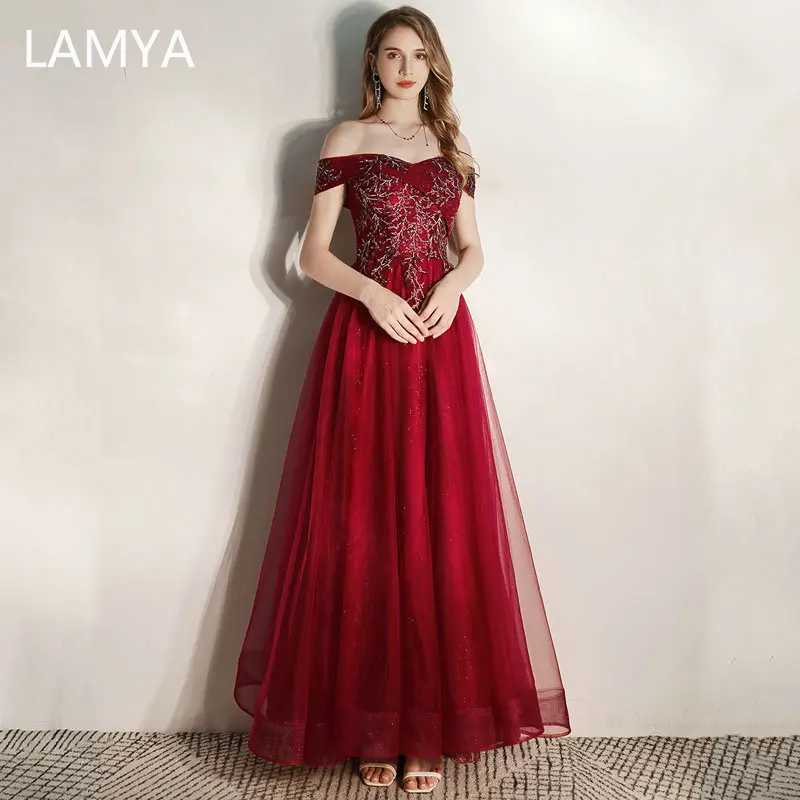 Элегантное Длинное Вечернее Платье LAMYA с вырезом лодочкой и блестками, ТРАПЕЦИЕВИДНОЕ платье для выпускного вечера, вечернее платье, платье...