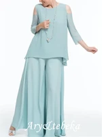 pantsuit jumpsuit mother of the bride dress elegant jewel neck floor length chiffon 34 length sleeve with ruching 2021