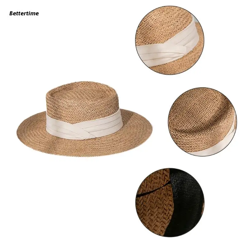 

Summer Woven Straw Sun Hat Flat Wide Brim Ribbon Boho Panama Boater Beach Cap B36D