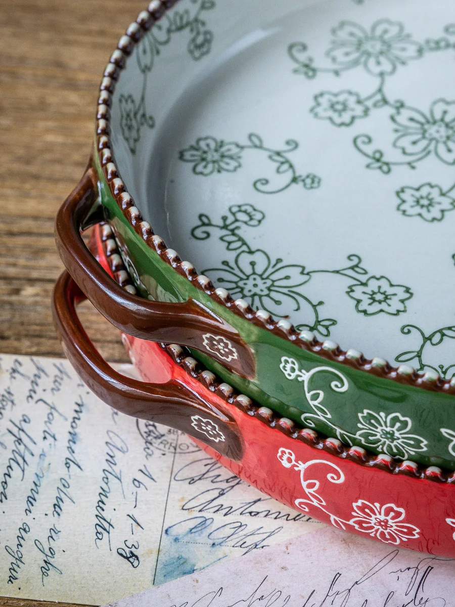 

Creative Cherry Pattern Plate Household INS Bianural Soup Pizza Bake Pan Microwave Ceramic Comal