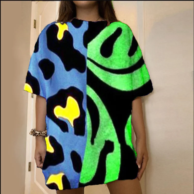 

Multicolor Geometric Print Loose Woman Tshirts New Short Sleeve Harajuku Casual T Shirts Lady Summer Plus Size French Tops 2021