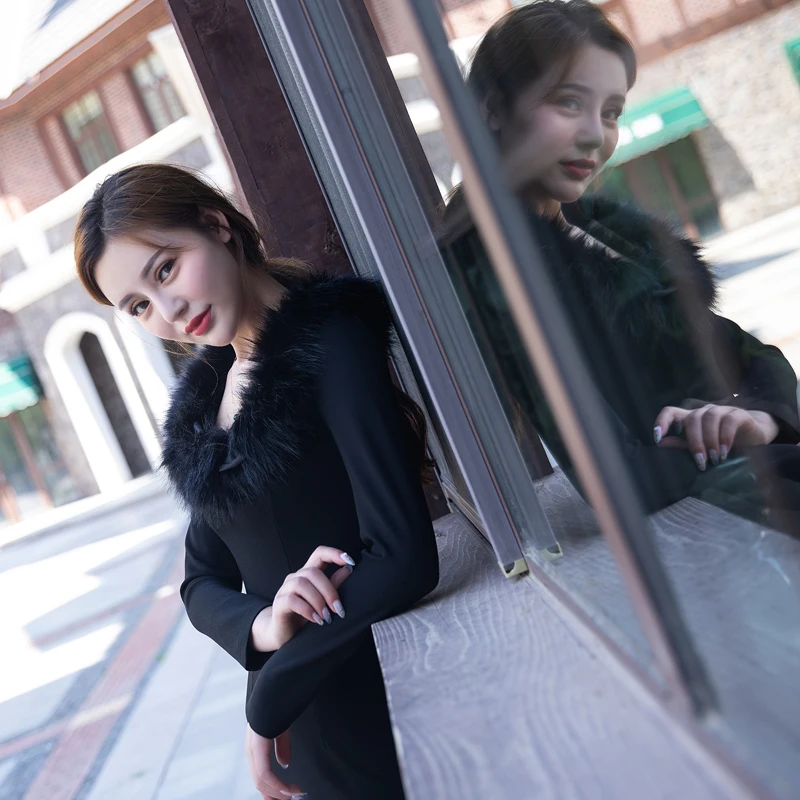 Женское винтажное платье миди Le Palais черное эластичное облегающее с длинным