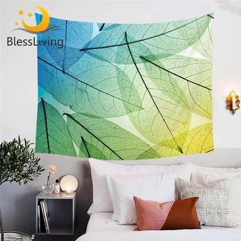 BlessLiving Plant Leaves Wall Hanging Leaf Texture Bed Sheet 3D Print Nature Wall Carpet Green Blue Custom Tapestry Dropshipping 1