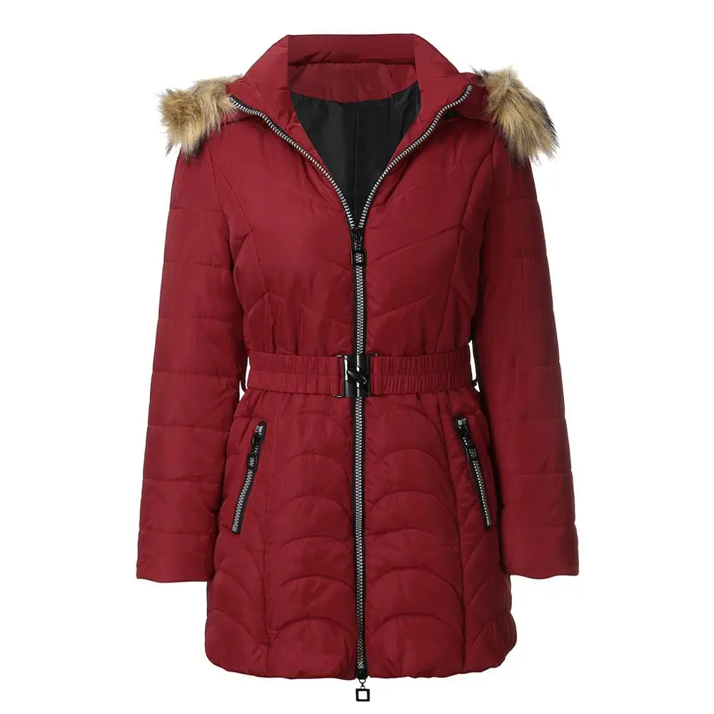 

4XL Plus Size Women Cotton Padded Clothes Detachable Fur Collar Hat Overcoat Slim Zipper Jacket Coat With Sashes