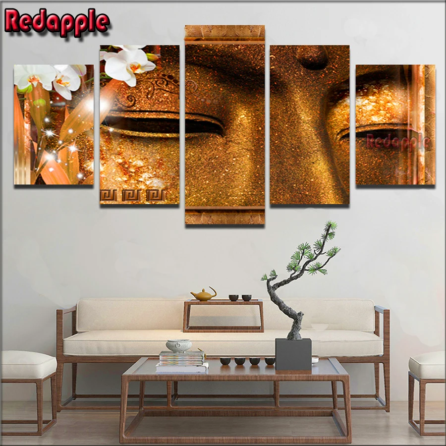 

Алмазная 5D картина «сделай сам» с квадратными стразами, мозаика с изображением лица Будды, 5 панелей, вышивка с изображением белой орхидеи, б...