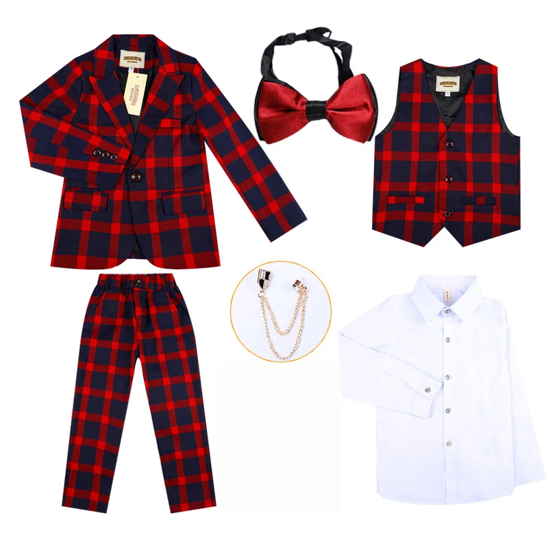 red 6pcs Детские торжественные костюмы, костюм для свадебного торжества для мальчиков Детский клетчатый смокинг, жилет, рубашка, штаны, костюм с бантом, комплекты - Цвет: red 6pcs