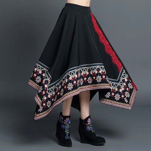 Осенне зимняя свободная Асимметричная юбка Макси до щиколотки с вышивкой