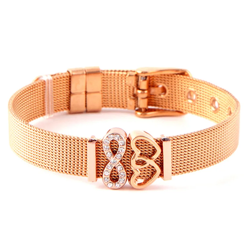 Сетчатый Браслет из нержавеющей стали розовое золото с кристаллом в виде сердца