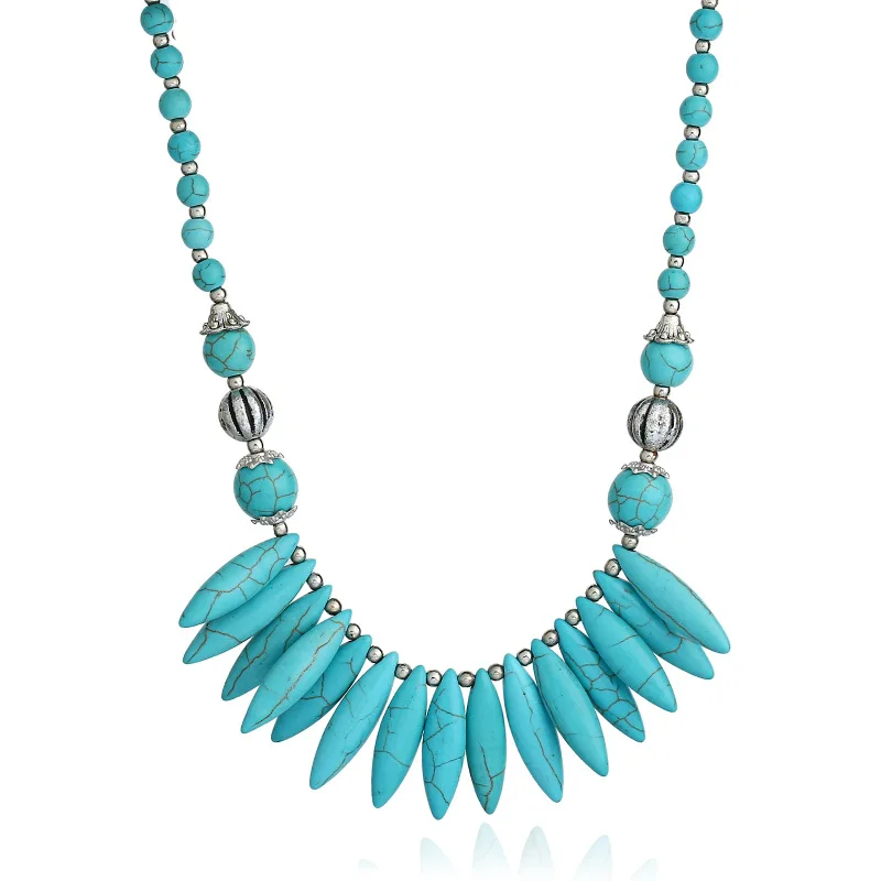 

Olsen Twins Antique Silver Plated Blue Stone Square Chunky Boho Choker Necklaces Jewelry Wholesale