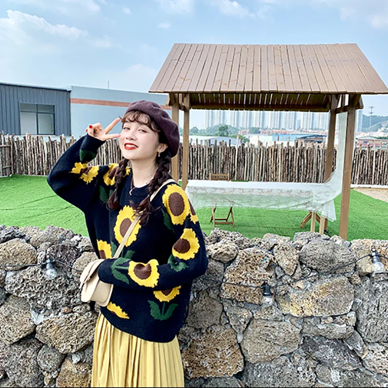 Gaganight Women Sunflower Chic Sweater Casual Loose Girls Fashion Pullover Knitted Autumn Winter Jumper Femlae Korean Pull Femme | Женская