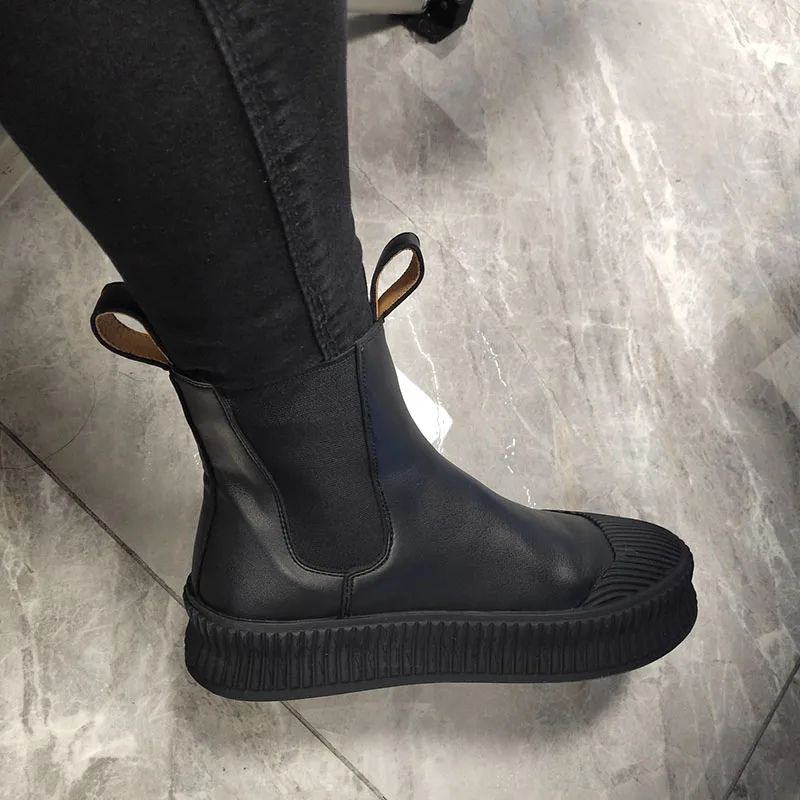 

Black Soft Leather Chelsea Boots Women Round Toe Thick Bottom Real Sheep Leather Ankle Boots
