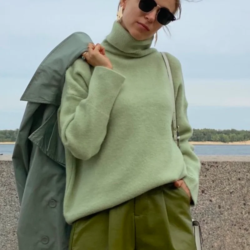 

Женский свитер с высоким воротником, мягкий теплый пуловер с высоким воротником, джемпер, женская вязаная одежда оверсайз, Однотонный женск...