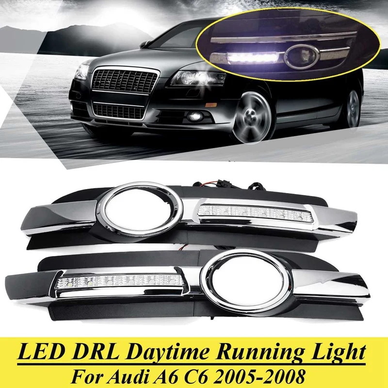 

1Pair Car LED DRL Daytime Running Lights Driving Fog Lamp White with Controller Wiring for A6 C6 2005-2008