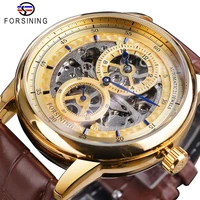 forsining golden skeleton dial automatic watch brown genuine leather band waterproof luxury top brand business mechanical watch