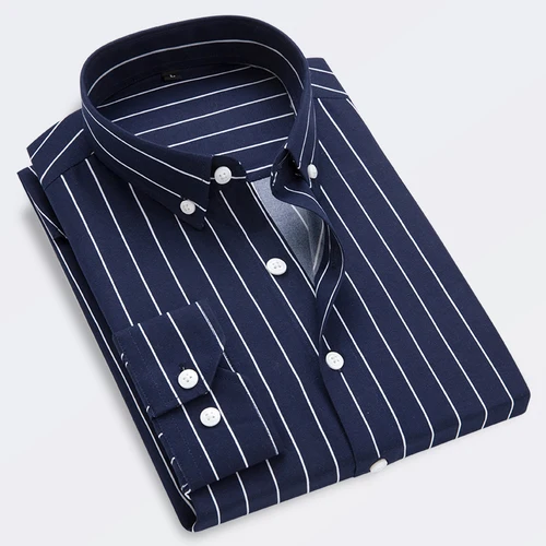 Navy blue Весенняя модная полосатая повседневная мужская рубашка с длинными рукавами, Классическая удобная мягкая мужская одежда, тонкая рубашка, используемая для нижней рубашки - Цвет: Navy blue