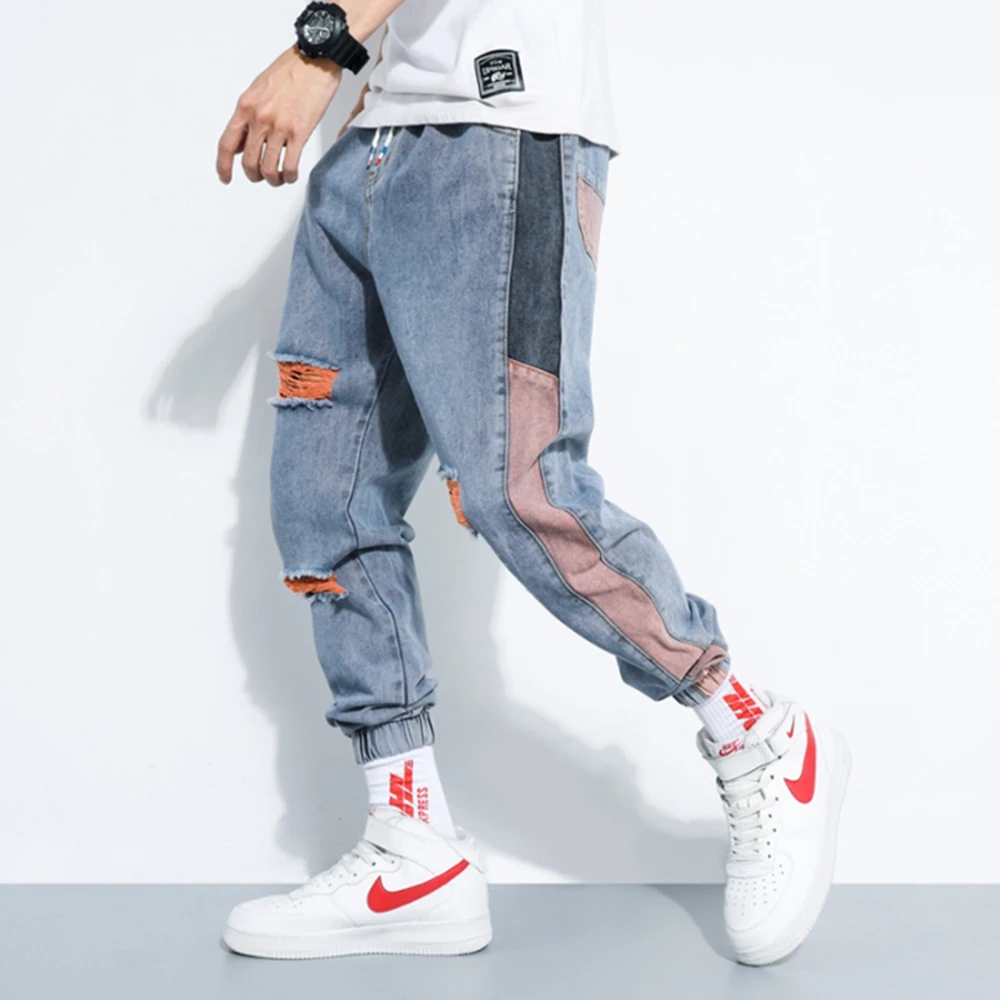

Jeans Men 2020 New High Quality Men Solid Color Splice Hole Loose Hip Hop Drawstring Denim Jeans for Men