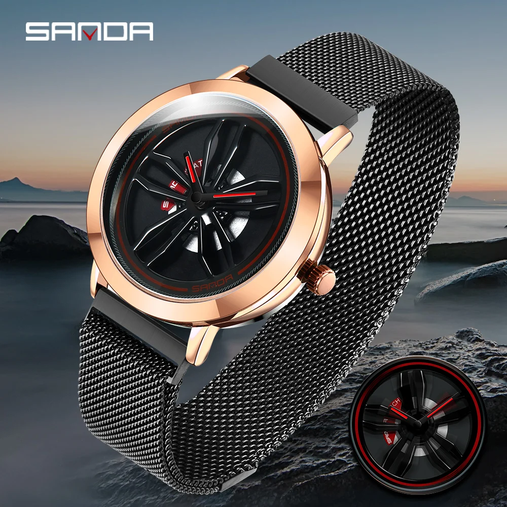 SANDA New Fashion Mens Watches Top Brand Luxury Rotating Quartz Watch Men Mesh Steel Waterproof Wristwatch For Men Sport Clock