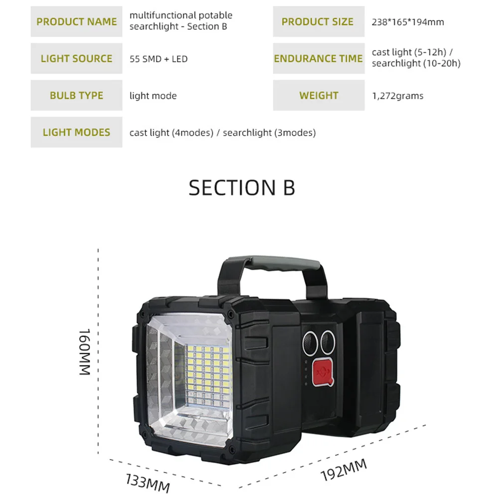 

Handheld Double Head LED Spotlight Flashlight Rechargeable Lamp Searchlight Multifunctional Searchlight Work Lighet
