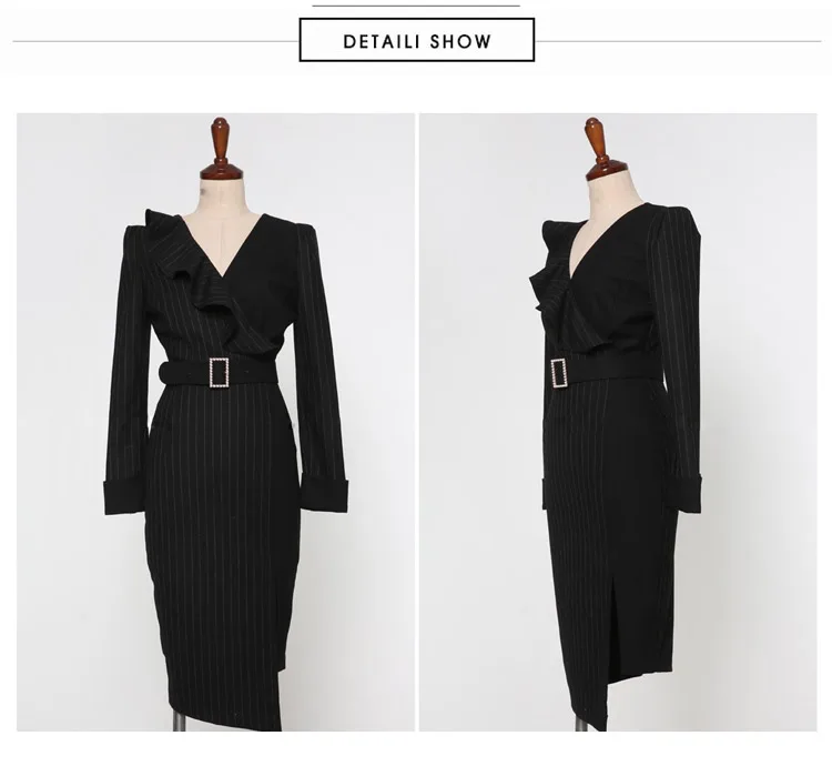 Office Lady Dress Autumn High Waist Slim Striped Stitching Black Long Sleeve V-Neck Ruffle Elegant Party Dress Women