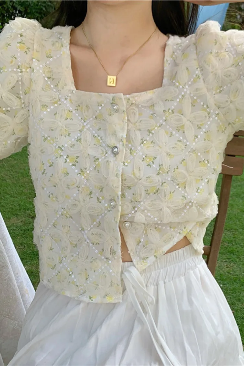 

Square collar shirt girl summer 2021 embroidered short-sleeved shirt women tops