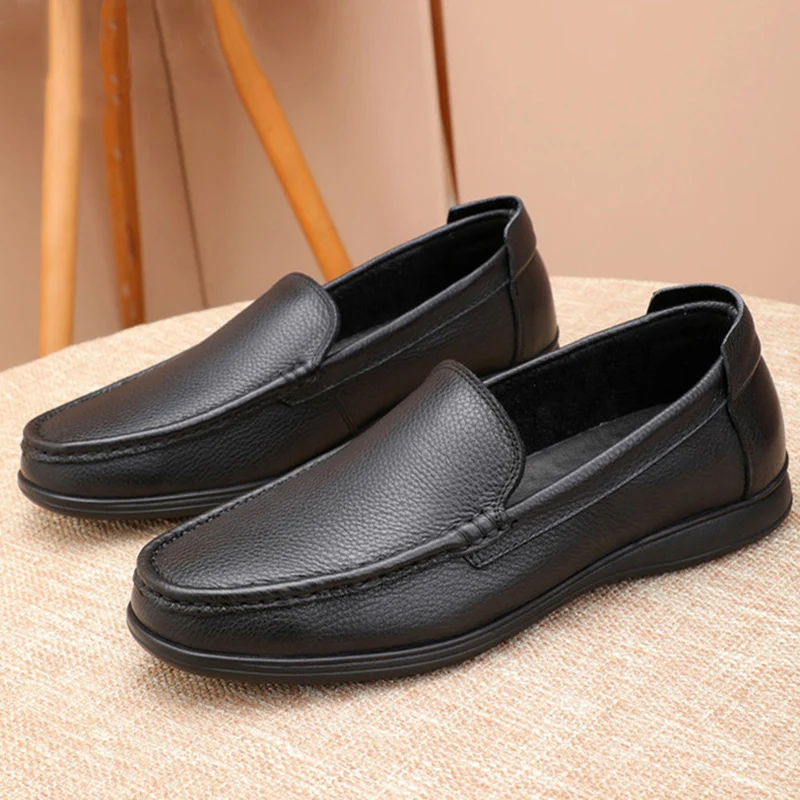 

Handmade Men's Business Casual Genuine Leather Shoes Soft Bottom Lazy Driving Loafers Breathable Male Grain Simple Flat Black