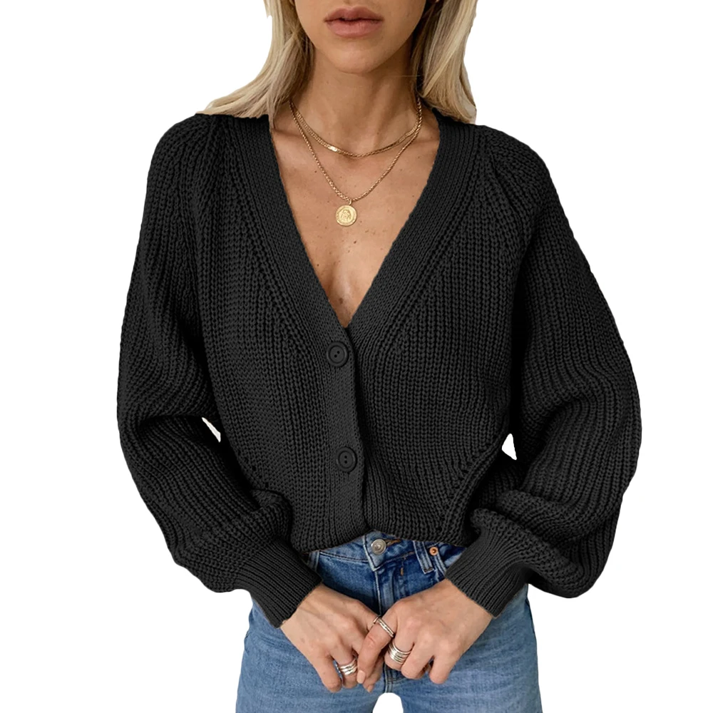 

Autumn Sweaters Women Solid Color Long Lantern Sleeve V Neck Casual Knitted Clothing Single Breasted Short Cardigans#W