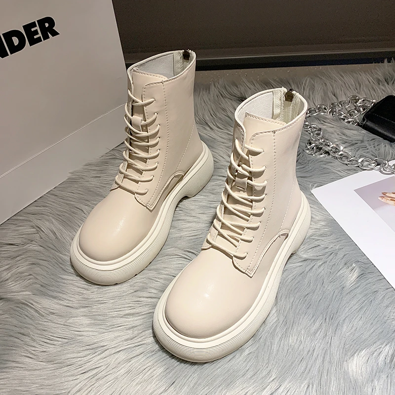 

2021 New Fashion Womens Comfortable Ankle Boots Shoes Round Toe 4cm Heel Lace Up and Zip Thicken Winter Shoes Botas De Mujer