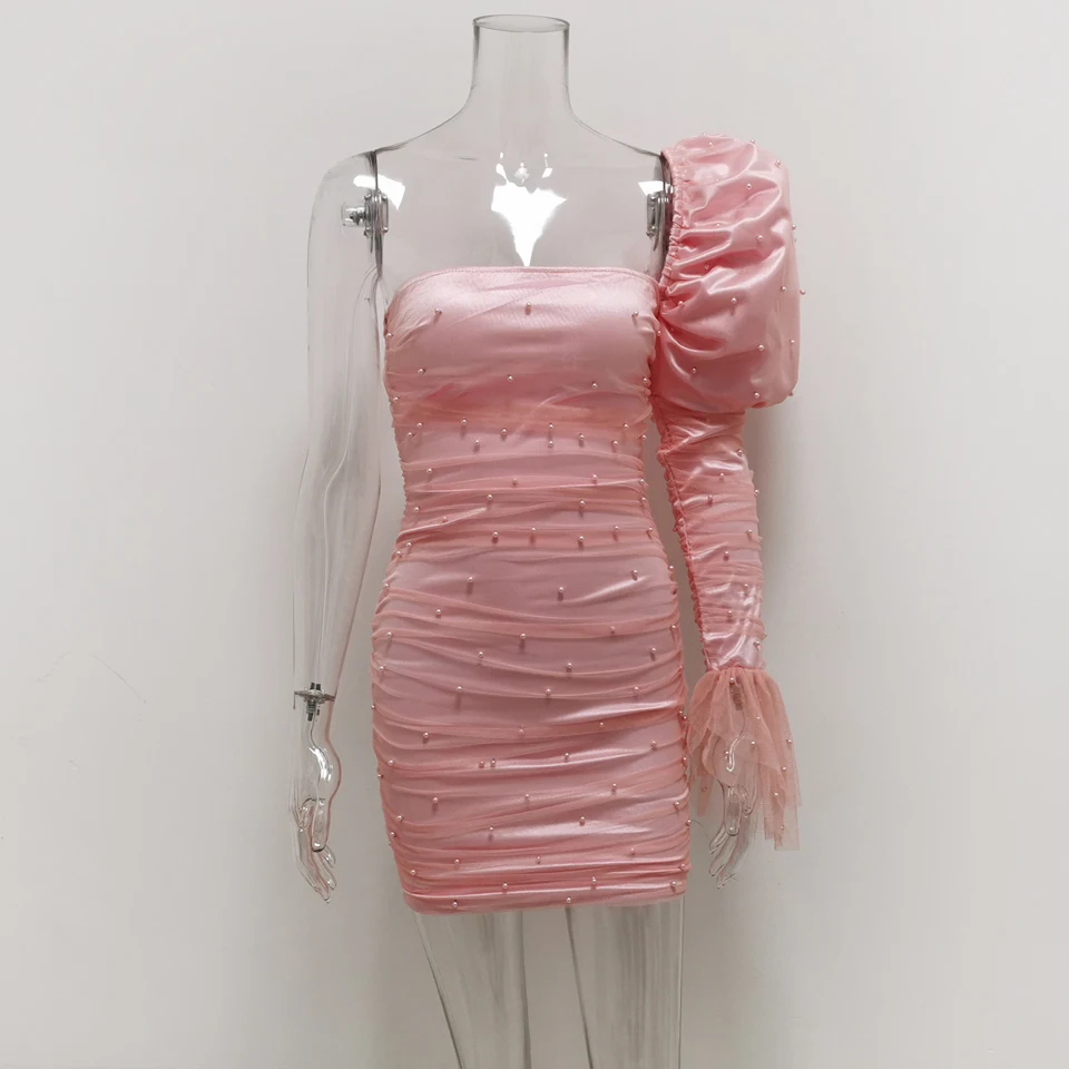 Pink Dress Karlofea/милое женское мини-платье на день рождения, элегантное платье с пышными рукавами на одно плечо, повседневная одежда, платье на день рождения с перламутровым плетением и рюшами - Цвет: Pink Dress