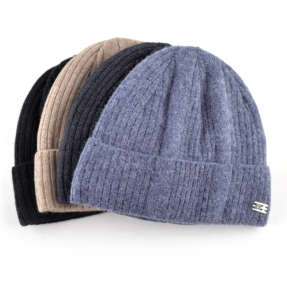 Вязаные шерстяные шапки облегающие мужские зимние теплые однотонные толстая