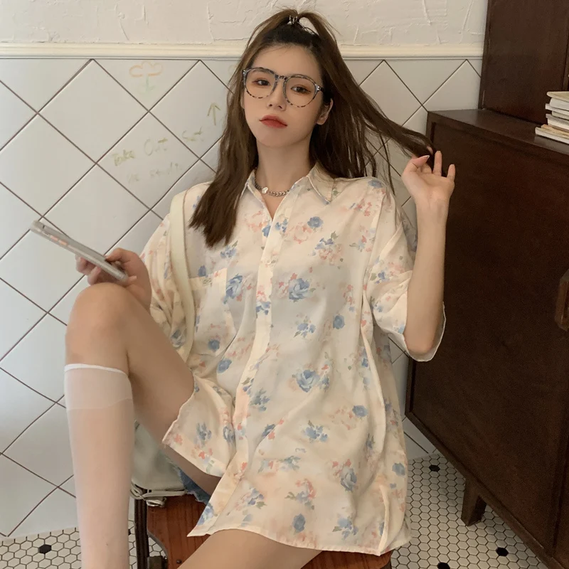 

Рубашка с цветочным принтом и рукавом до локтя, женская летняя модная одежда в стиле Ins, корейские шикарные топы, прямые универсальные повсе...