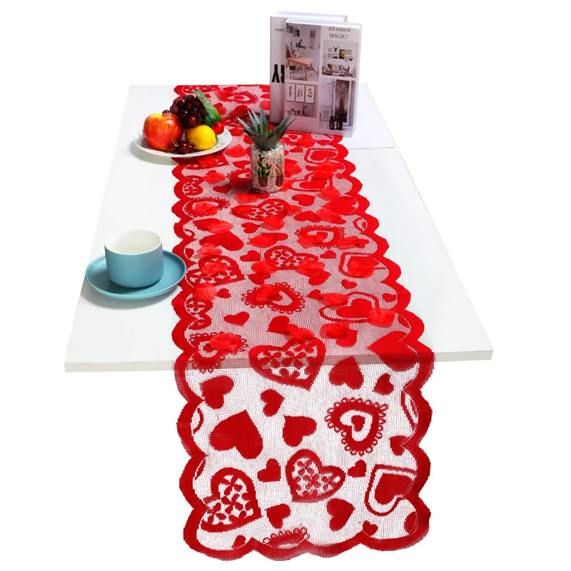 

Newly Red Heart Table Runners Polyester Love for Valentine's Day Wedding Modern Table Lace Fabric Tablecloth Covers Party CLA88