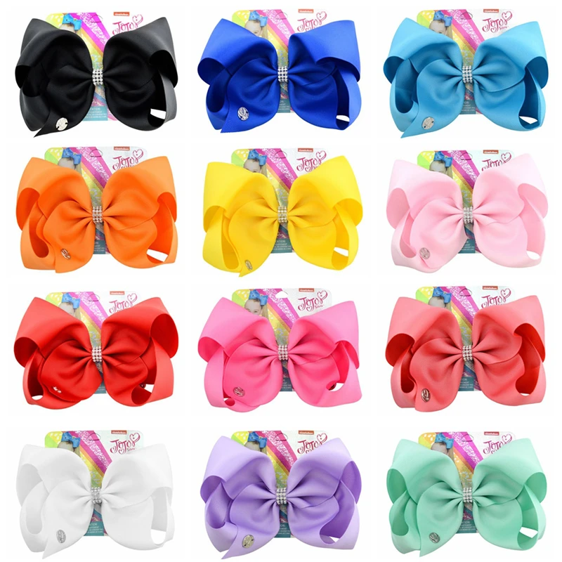 

8 Inches Solid Colors Large Bows Barrettes Grosgrain Ribbon Bows Hair Clip Kids Rhinestone Head Wear Girls Hair Accessory 837-j