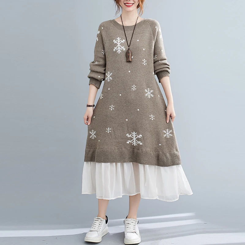 

Autumn Winter New Knit Dress Women Vintage Loose Snowflake Print Knitting Sweater Dresses Loose Stitching Dress Pullover Sweater