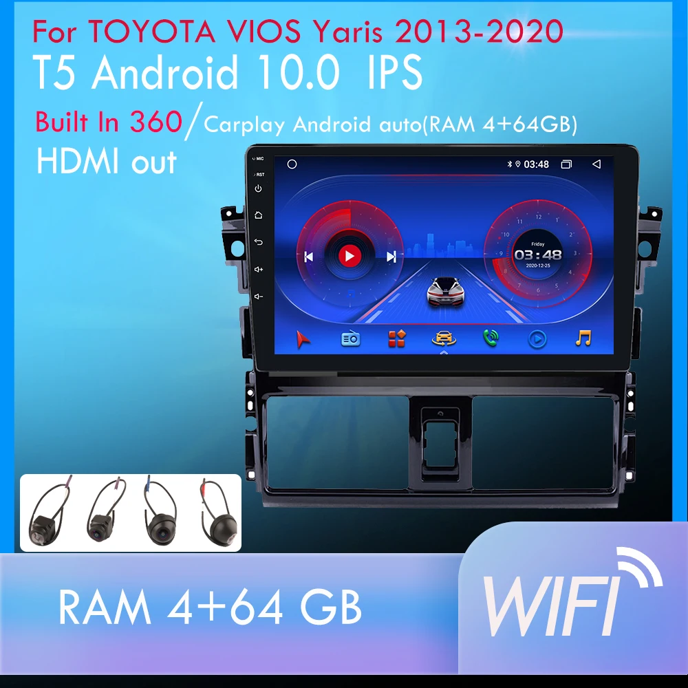 Android 10 Toyota Vios Yaris için 2013- 2020 oto araba radyo 2Din multimedya oynatıcı desteği Carplay GPS DVR OBD WIFI 360 HD kamera