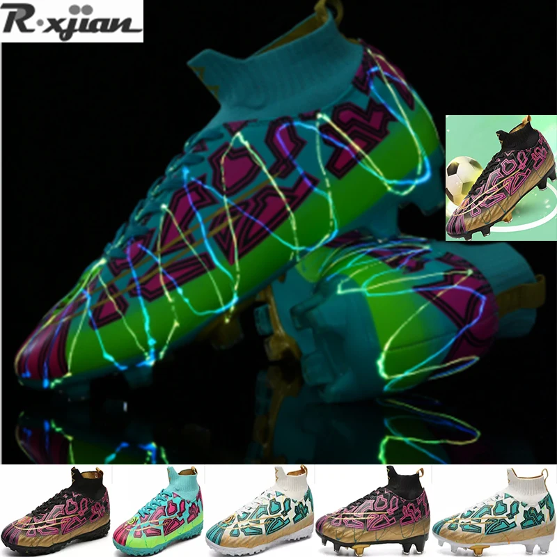 Новинка светящиеся мужские футбольные ботинки высокие для футбола женская