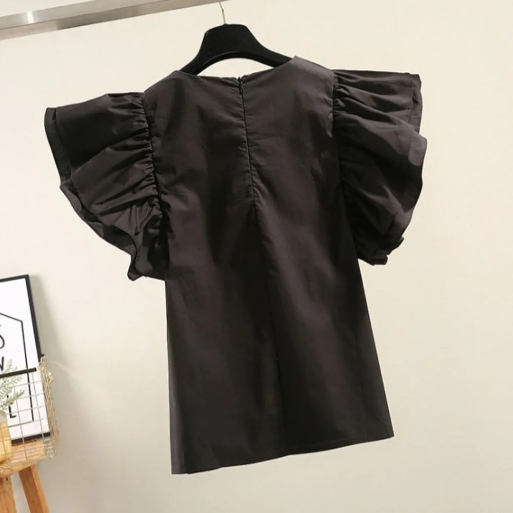 Корейская футболка с оборками Женская модная офисная круглым вырезом и коротким