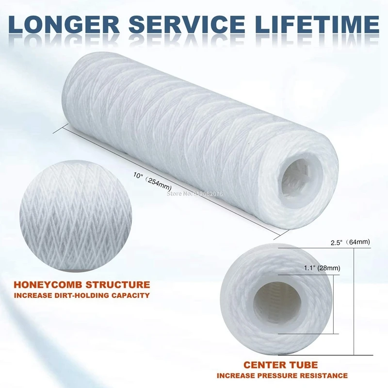 

10 Micrometre String Wound Sediment Water Filter Cartridge,6 Pack,Whole House Sediment Filtration,Universal