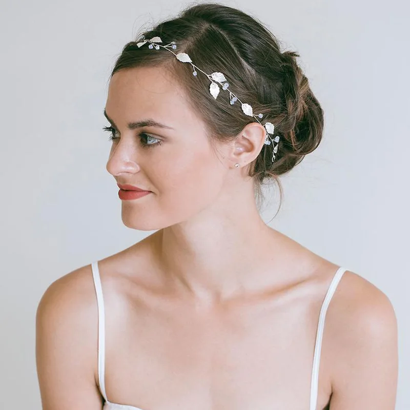 Женская повязка на голову с листьями FORSEVEN розово-золотистая кристаллами и