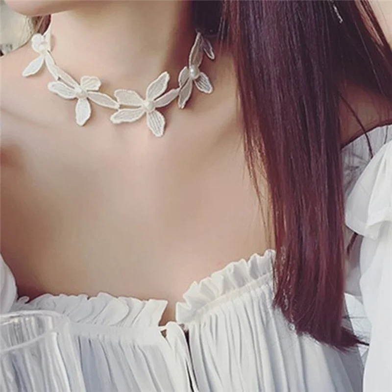 Imitation Pearl Stitching Flowers Choker Necklaces Fashion Handmade White Lace Collar Short Necklace | Украшения и аксессуары