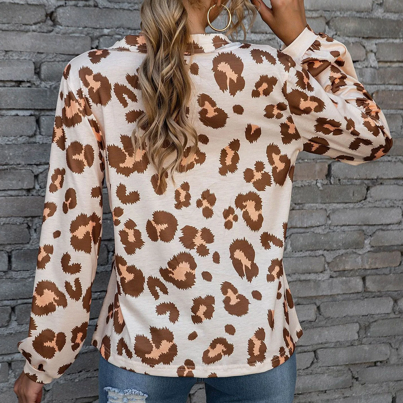

Hot Selling Women Fashion All-Match Long Sleeve Leopard Button Blouse V Neck Leisure Temperament Slim Ladies Shirt Wholesale