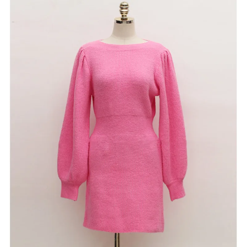 

Mozision Chic High Elasticity Knitted Sweater Dress For Women Solid O Neck Full Sleeve Dresses Ladies Elegant Warm Vestidos