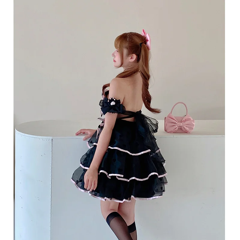 

Japanese Harajuku Gothic Women Fashion Bow Hollow Out Temperament Lolita Cake Dresses Summer Sweet Kawaii Dress